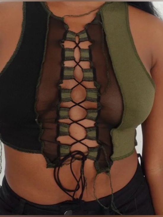 jova Tops - Olive & Black Lace-Up Mesh Crop Tank Top